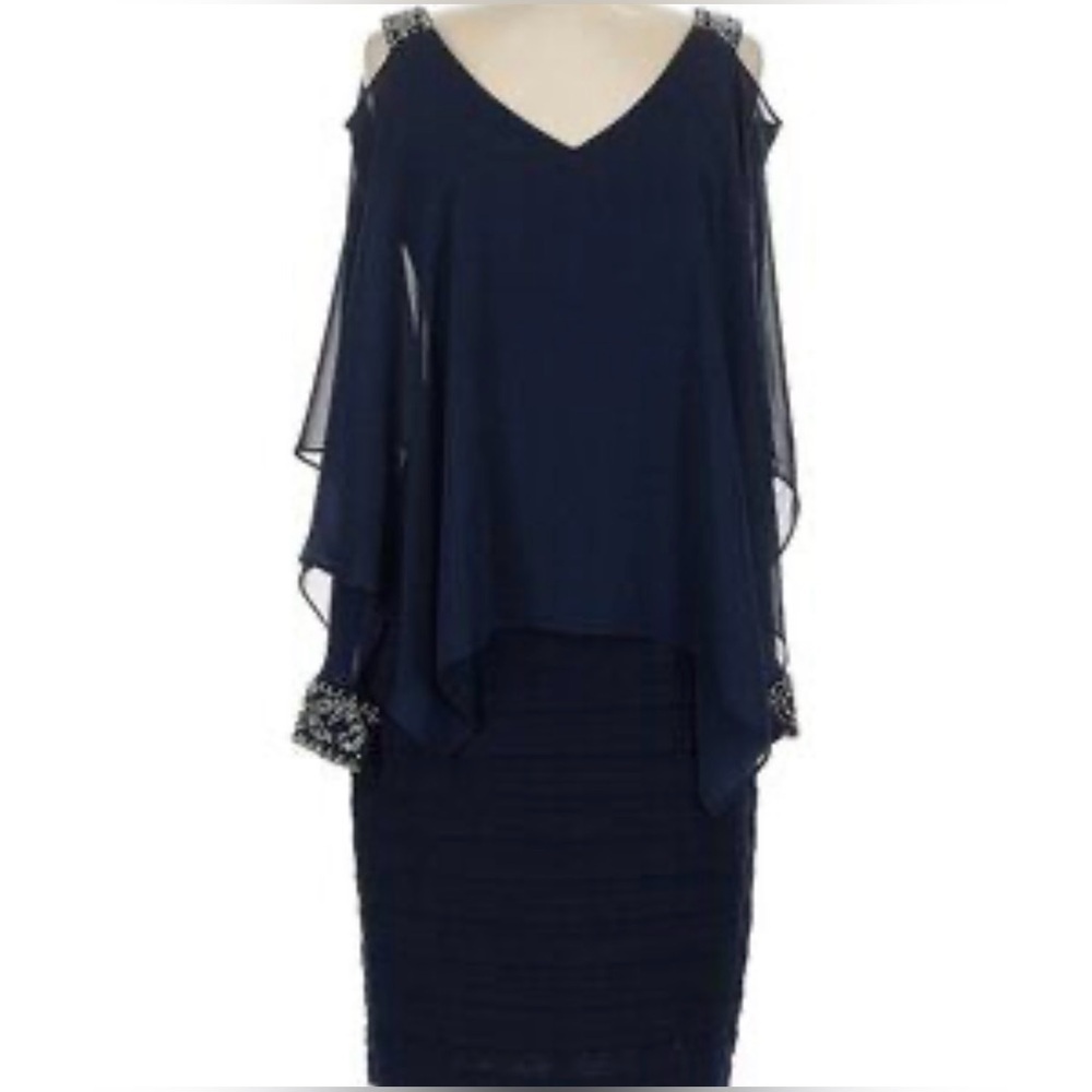 Betsy & Adams Elegant Navy Silver Cold Shoulder Drop Waist Dress Plus Sizes, NEW - Picture 3 of 14
